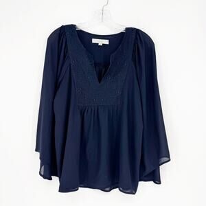 Loft Long Sleeve Split Neck Navy Top Size Small